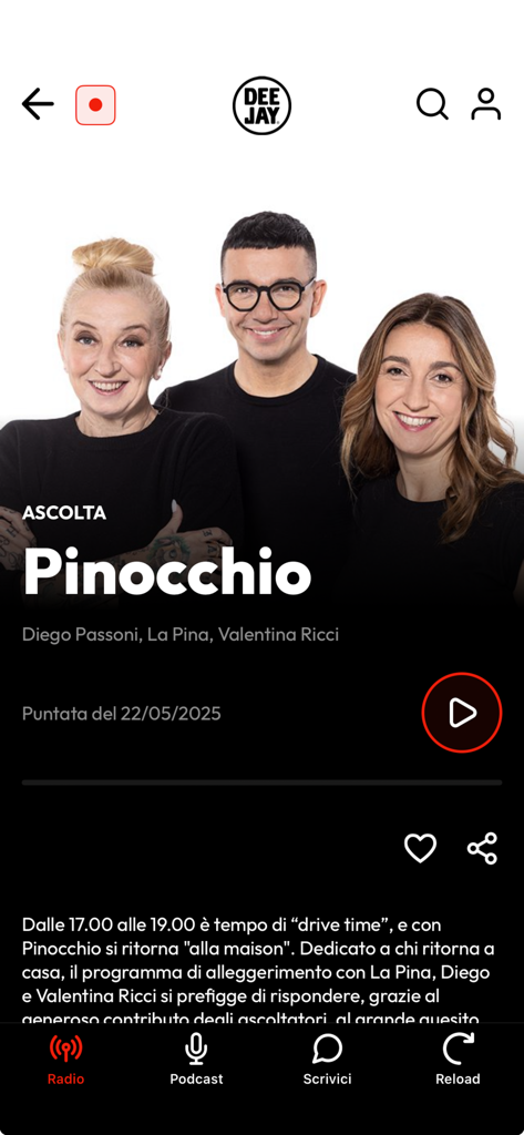 Radio Deejay - Radio Deejay app Pinocchio program screen with hosts La Pina Diego Passoni and Valentina Ricci