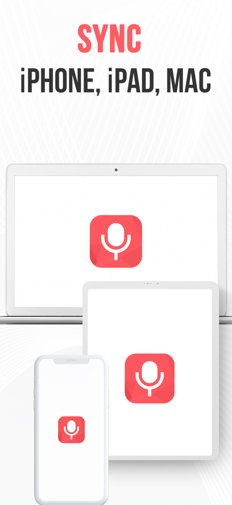 AI Note Taker Voice Memos App - AI Note Taker app icon displayed on iPhone, iPad, and Mac showing iCloud synchronization feature.