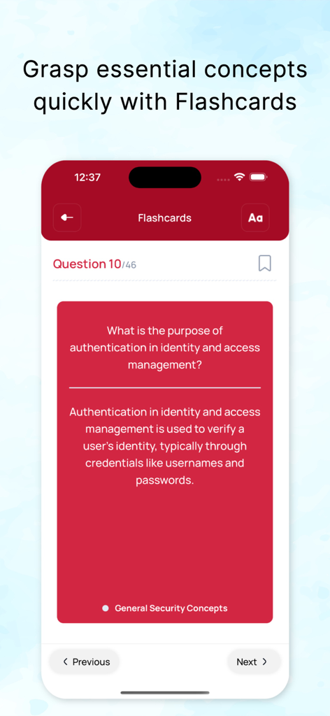 CompTIA Security+ by LearnZapp - CompTIA Security plus exam preparation flashcards showing a question and answer about identity and access management.