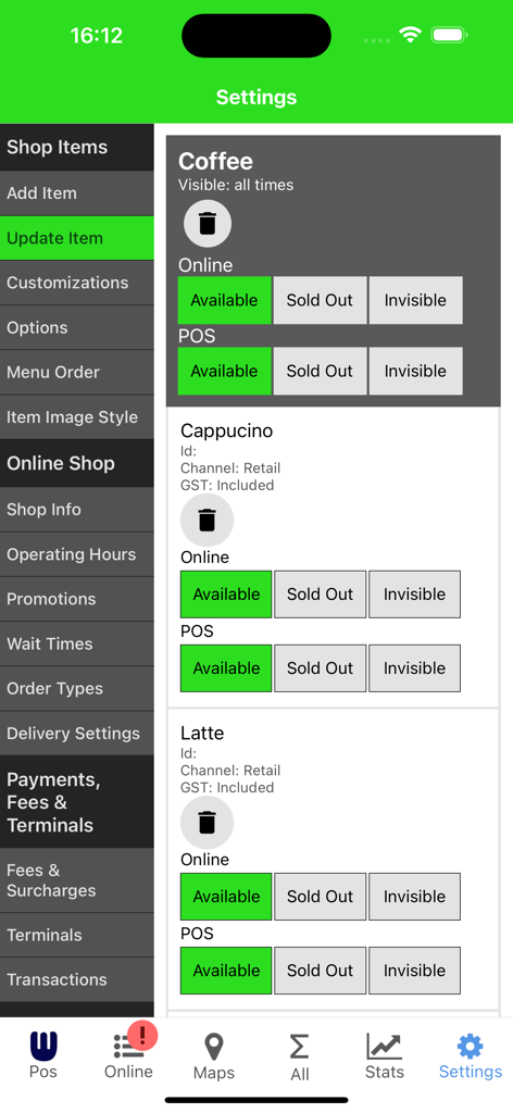 Whoods - Whoods app menu update screen showing availability status for coffee items.