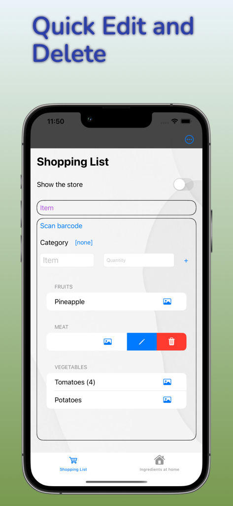 Mobile app interface of a shared grocery list showing how to quickly edit or delete items like tomatoes and potatoes.