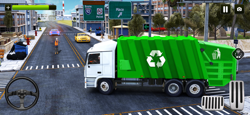 A green recycling truck parked on a city street in a truck driving simulator game