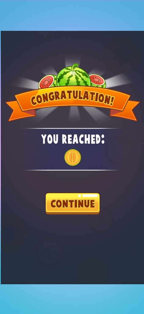 100 Merge Melons - Congratulation screen for reaching a new level in 100 Merge Melons
