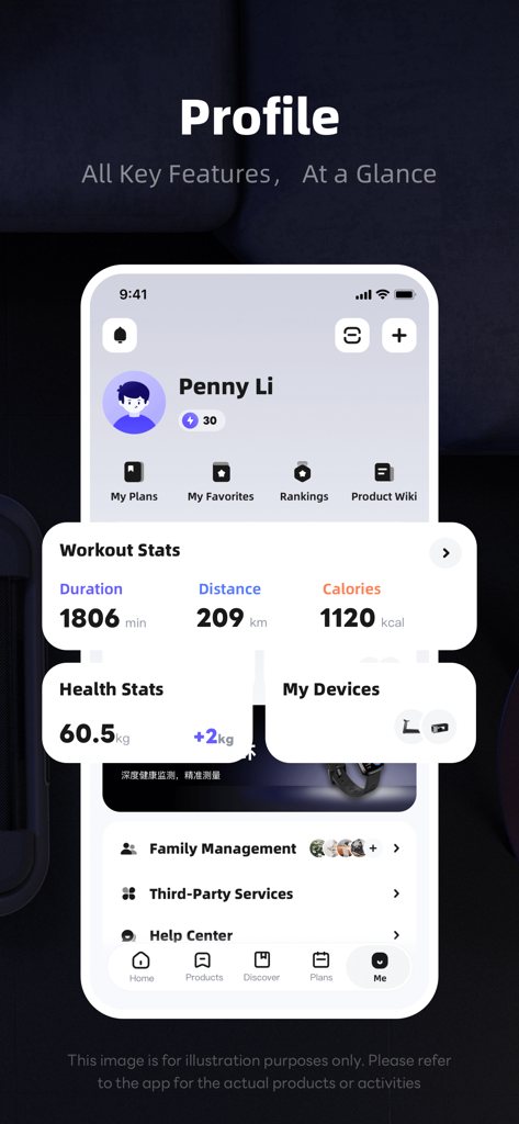 KS Fit - KS Fitアプリのプロフィール画面に、期間、距離、カロリーを含むユーザーのワークアウト統計が表示されています