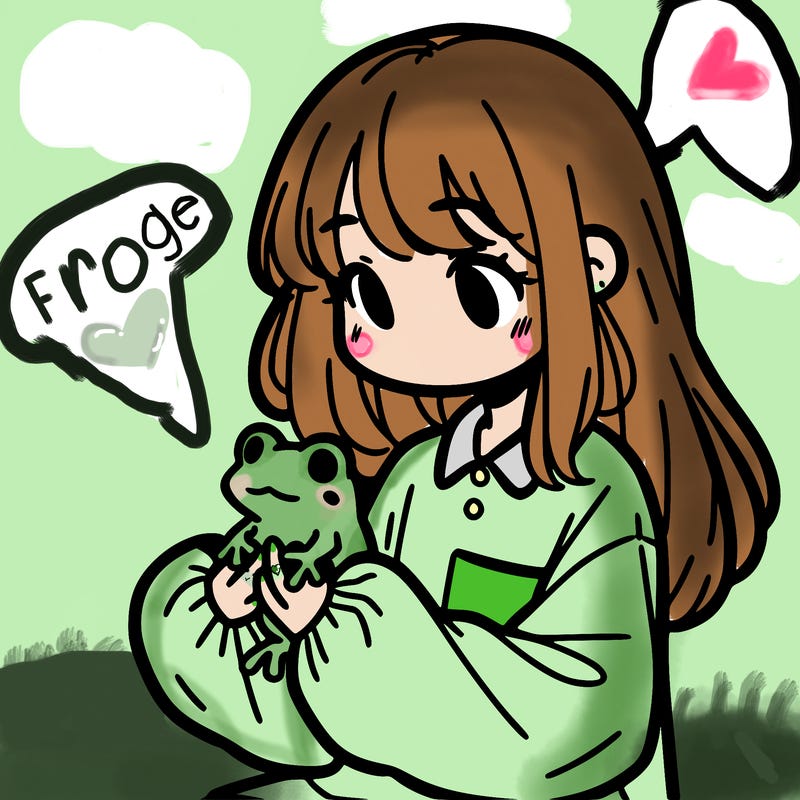 girl with long hair and a oversized shirt. and she is holding a frog