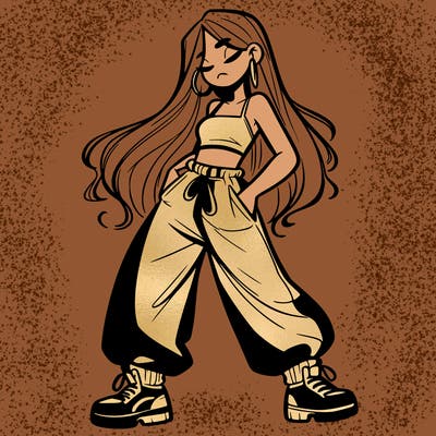 girl in baggy pants crop top and long hair