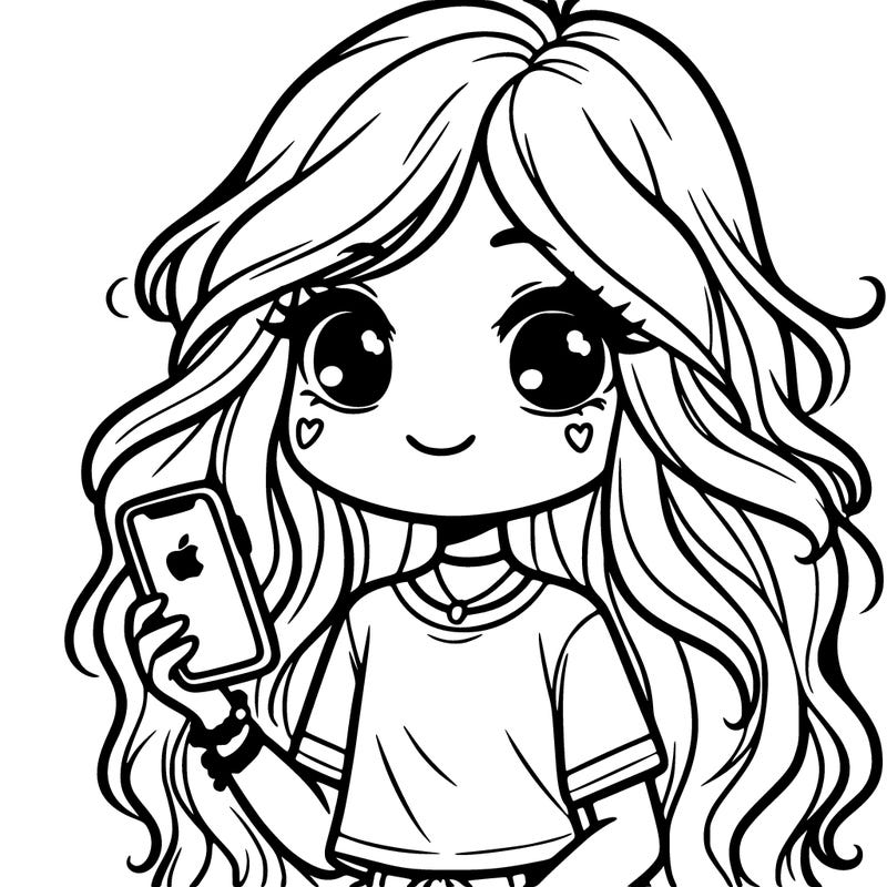 a girl with long wavy hair, a t-shirt and a phone in her hand