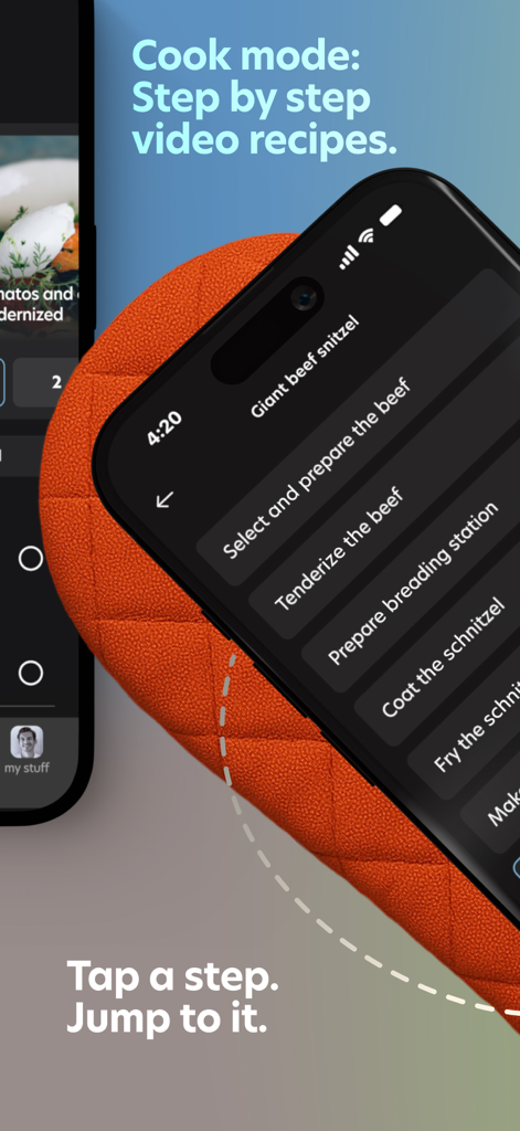 FoodFix app interface showing interactive step by step cooking instructions for a recipe