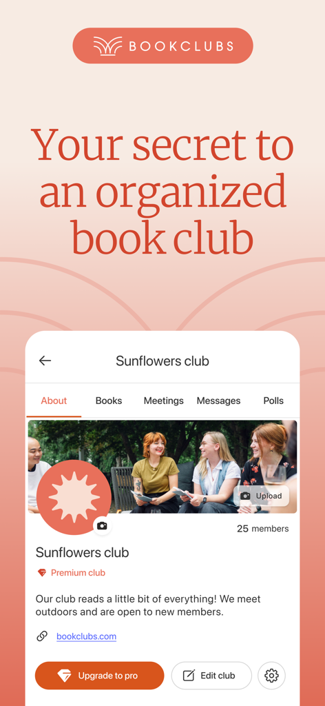 Bookclubs app screen showing the profile page of a club named Sunflowers club with member list and meeting information.