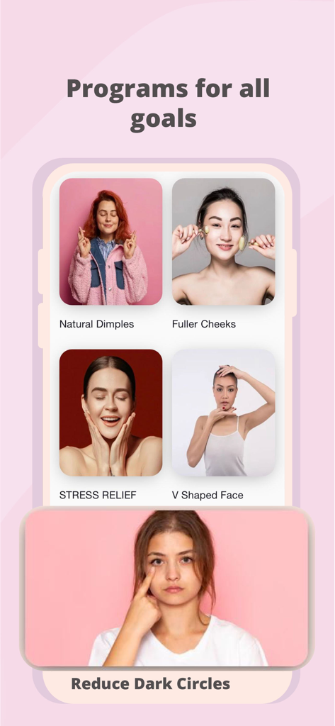 Screenshot of Facial Yoga app showing different beauty goals like stress relief and face sculpting