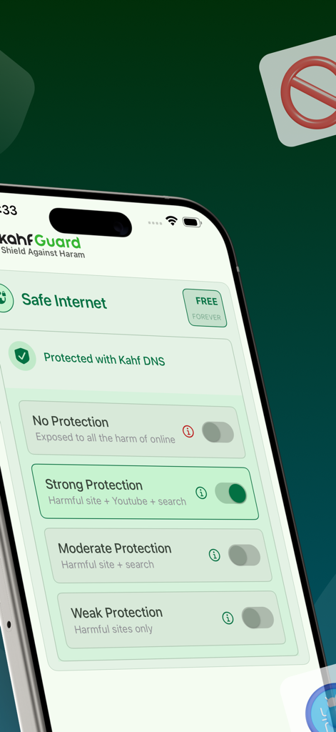 Kahf Guard app interface showing strong moderate and weak internet protection levels