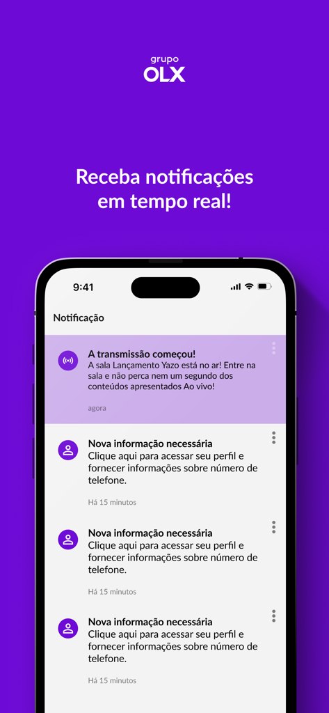 Grupo OLX | Eventos - Pantalla de notificaciones en tiempo real en la interfaz de la aplicación Grupo OLX Eventos