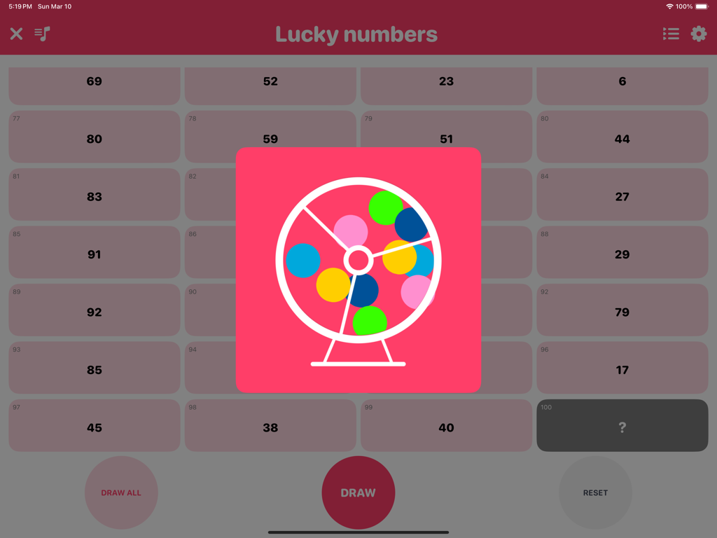 Lucky Draw Pro - Random Picker - Lucky Draw Pro app interface showing a grid of random numbers and a pink lottery cage animation