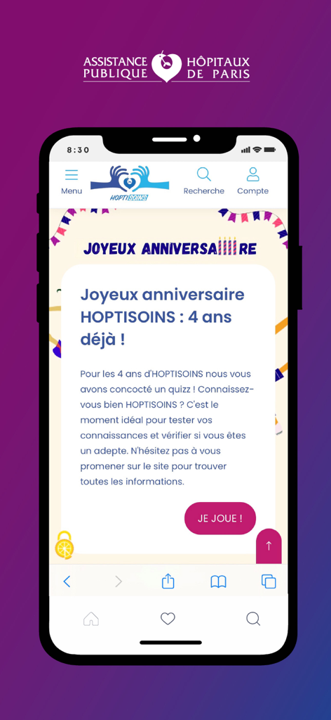Screenshot of the AP-HP Pro mobile app showing a 4th anniversary celebration for the Hoptisoins benefit program.