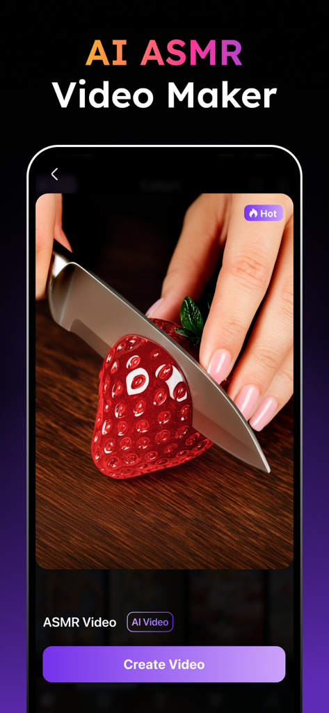 Pixelance: AI Video Generator - Interface do criador de vídeos ASMR por IA mostrando uma mão cortando um morango