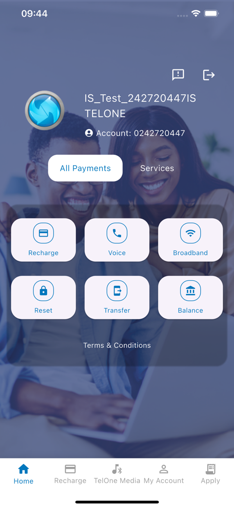 My Telone V3 app dashboard showing account information and options for recharge voice and broadband services