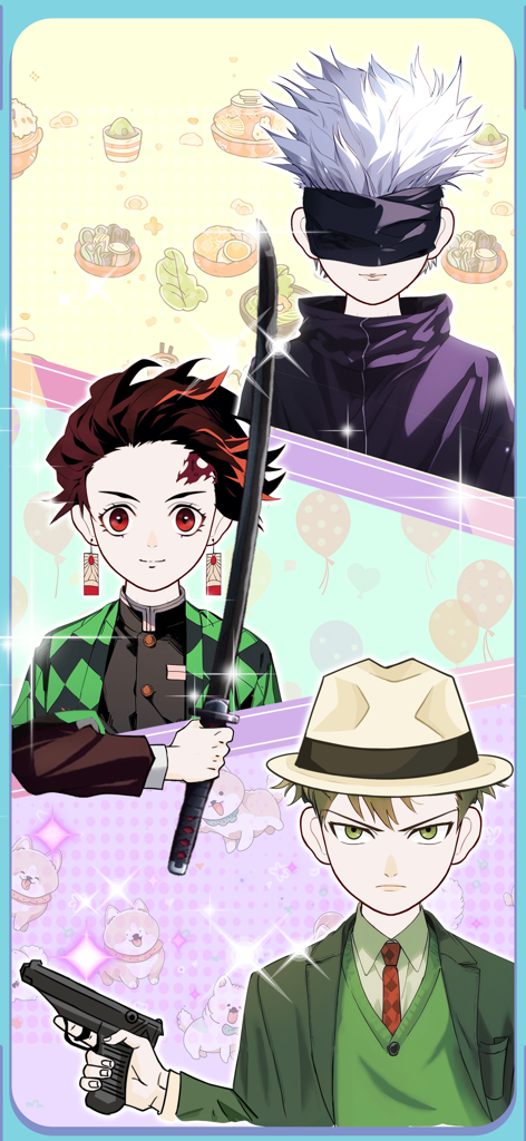 Anime Couple: Avatar Maker - Tres avatares masculinos de anime personalizados creados con la aplicación Creador de Avatares de Parejas de Anime, mostrando diferentes atuendos y accesorios