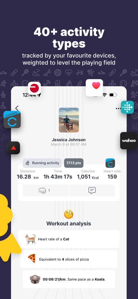 GoJoe app workout analysis screen showing Jessica Johnson's running stats and fun health comparisons like slices of pizza and animal heart rates