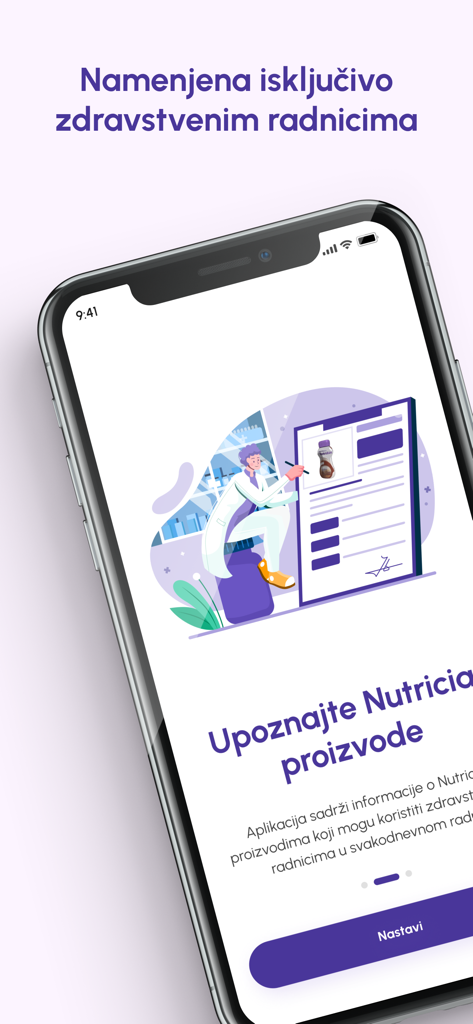 Écran d'accueil de l'application Nutricia for Professionals présentant une illustration d'un professionnel de la santé