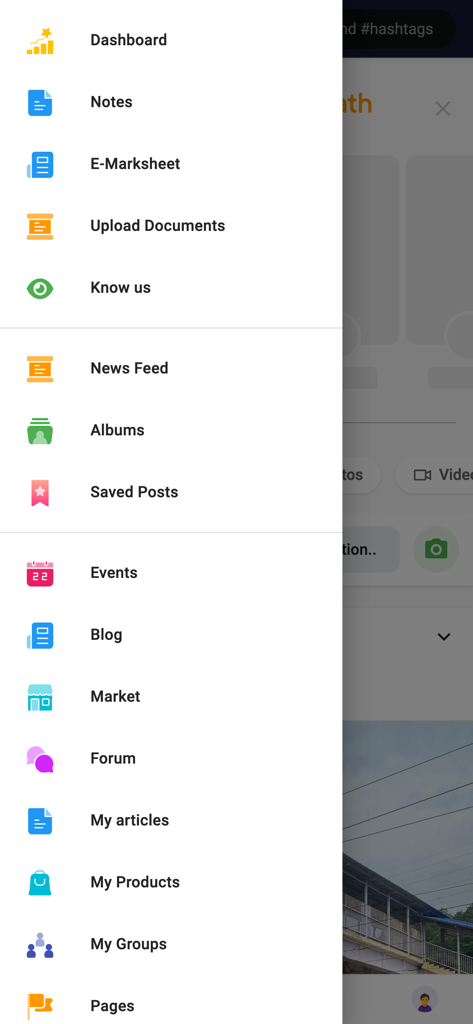 AdtU A Connect - Seitennavigationsmenü der AdtU A Connect Mobile App, das Abschnitte für Dashboard, Notizen, E-Marksheet und Newsfeed zeigt
