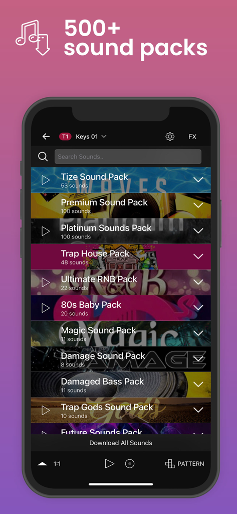 Tize: Music & Beat Maker - Tize app interface showing a library of over 500 professional sound packs for beat making