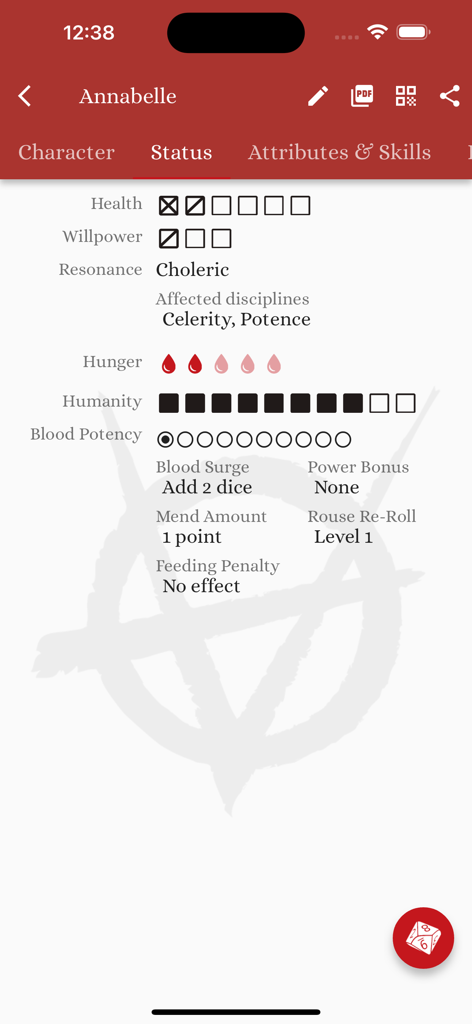 Vampire v5 Characters - Status screen of the Vampire v5 Characters app showing RPG stats like hunger health and blood potency