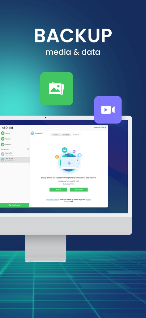 AirDroid app interface for backing up photos and videos from a phone to a computer over a local network