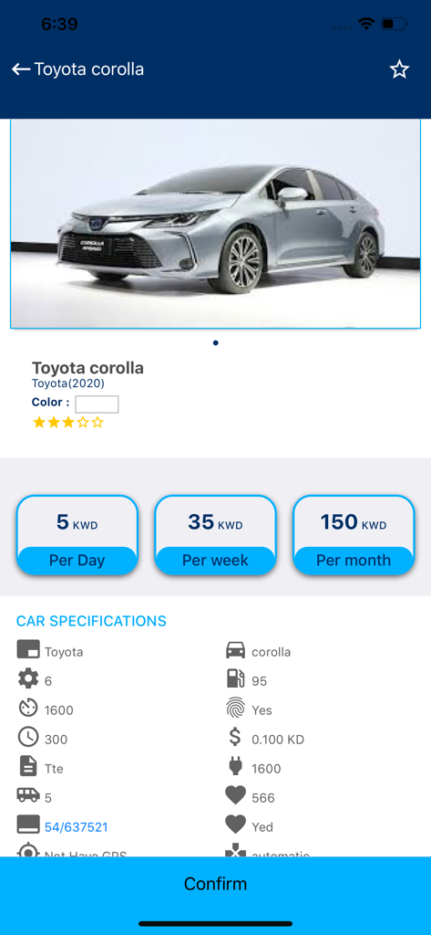 CarRent KW - Schermata dell'app CarRent KW che mostra i dettagli e le specifiche di noleggio per una Toyota Corolla del 2020, inclusi i prezzi giornalieri e mensili in Dinaro kuwaitiano.