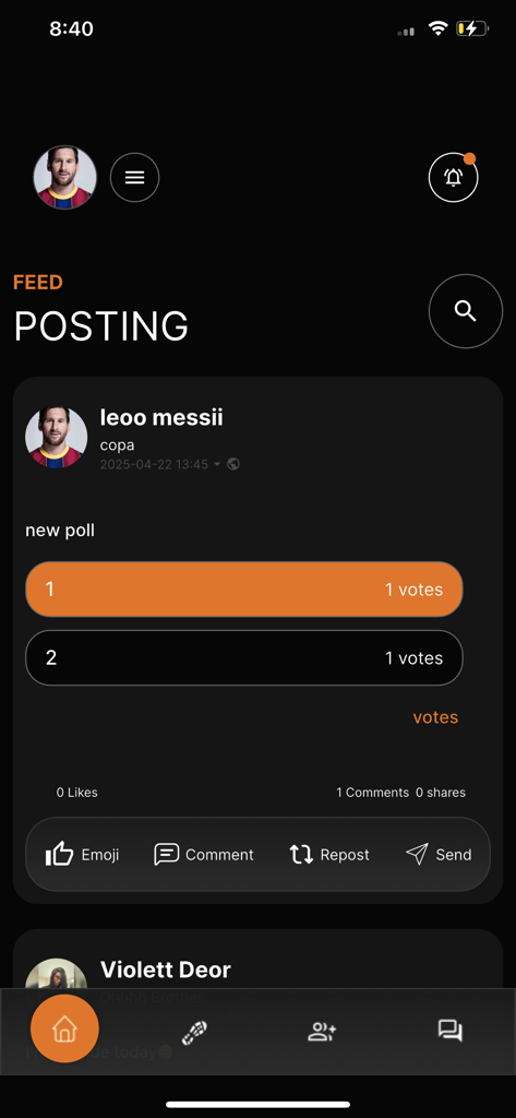 Chaser - The Network - Mobile app interface of Chaser The Network showing a social feed with a user poll and engagement buttons