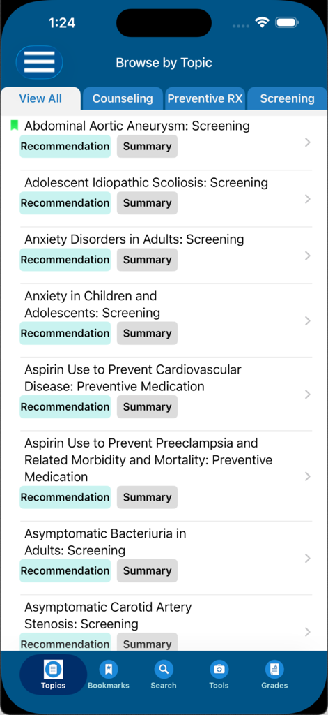 The browse topics screen of the USPSTF Prevention TaskForce app displaying various medical screening recommendations.