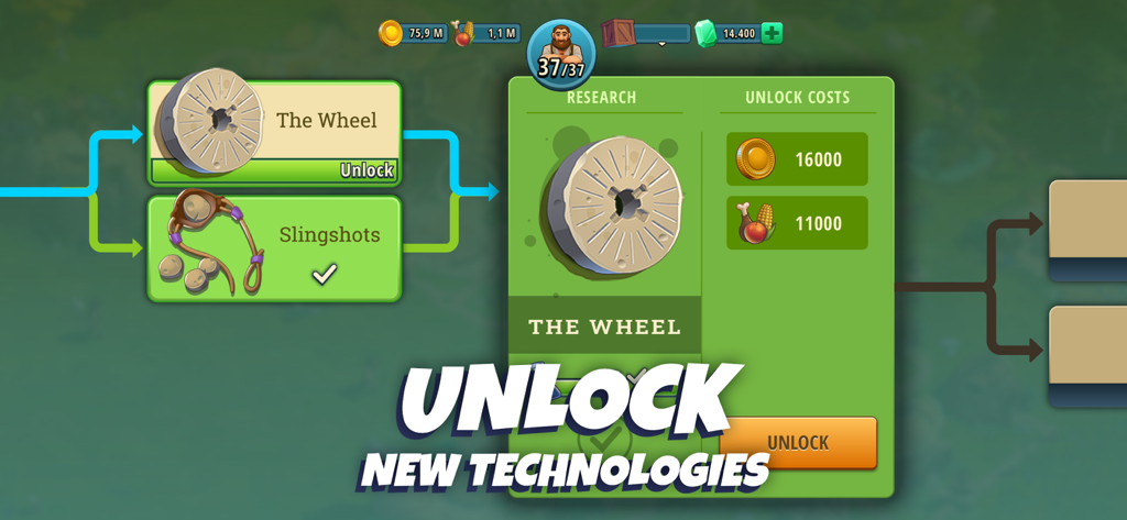 Pantalla del juego Rise of Cultures que muestra el árbol de investigación tecnológica para desbloquear la rueda