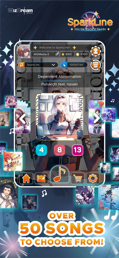 SparkLineリズムゲームの楽曲選択メニュー。アニメキャラクターのアートと難易度レベルが表示されている