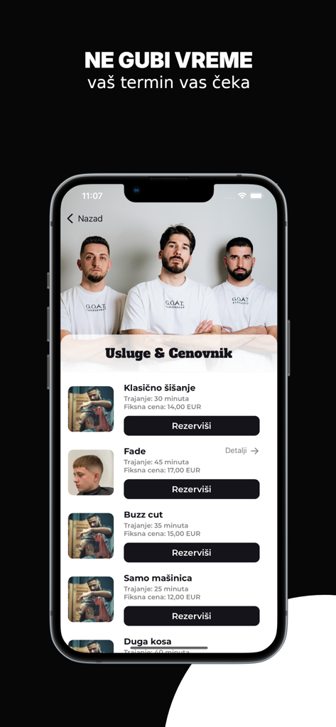 GOAT Barbershop Tivat - Interfaz de aplicación móvil para GOAT Barbershop Tivat mostrando una lista de servicios como cortes de pelo clásicos y degradados con precios y botones de reserva.