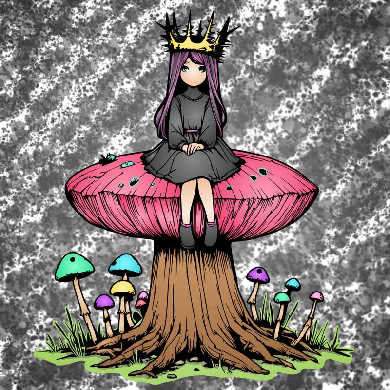 realistic girl sitting on a huge tree stump size toadstool with thorn crown