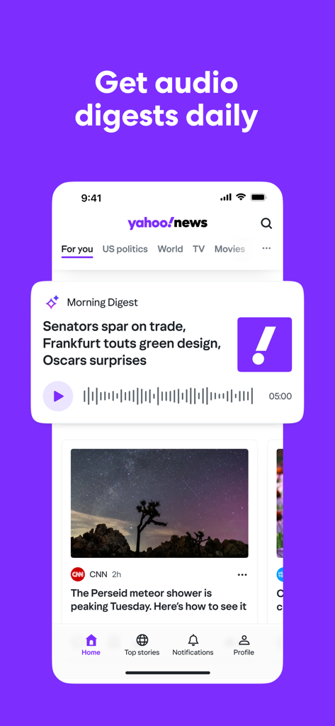 Yahoo News: Daily News For You - Yahoo ニュースアプリのインターフェイス。モーニングオーディオダイジェスト機能とニュースフィードを表示しています。