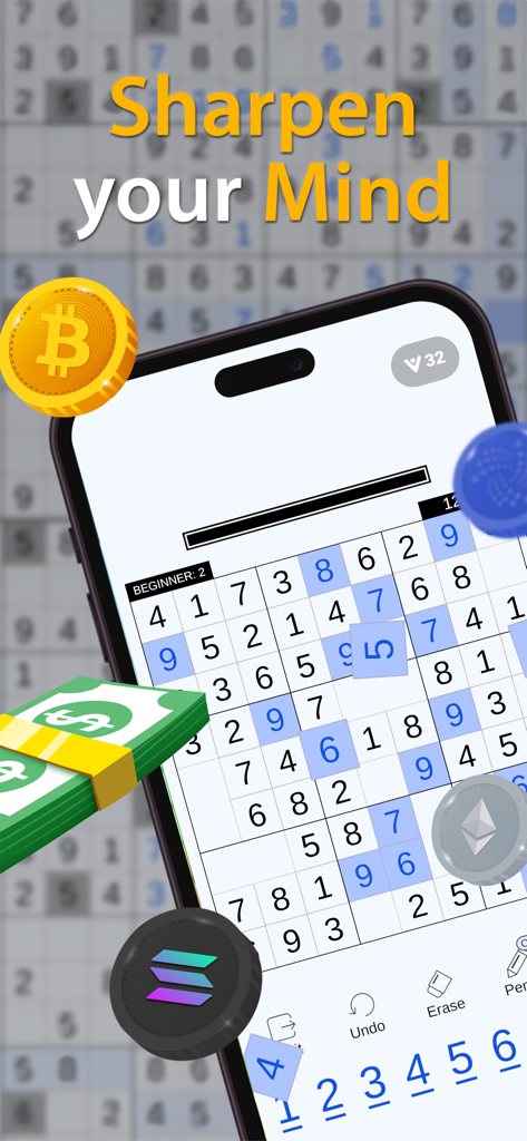 Sudoku App - Puzzle de Sudoku em uma tela de smartphone com o texto Afie sua Mente e ícones de recompensa flutuantes.