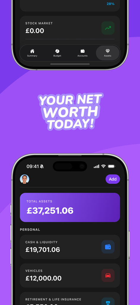 Trya - Budget Planner & Money - The Trya budget planner app interface displaying net worth and a breakdown of total assets including cash and vehicles