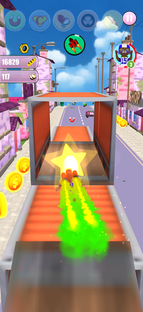 Princess Cat Lea Run - Princess Cat Lea character using a rocket power up to fly through a city in an endless runner game