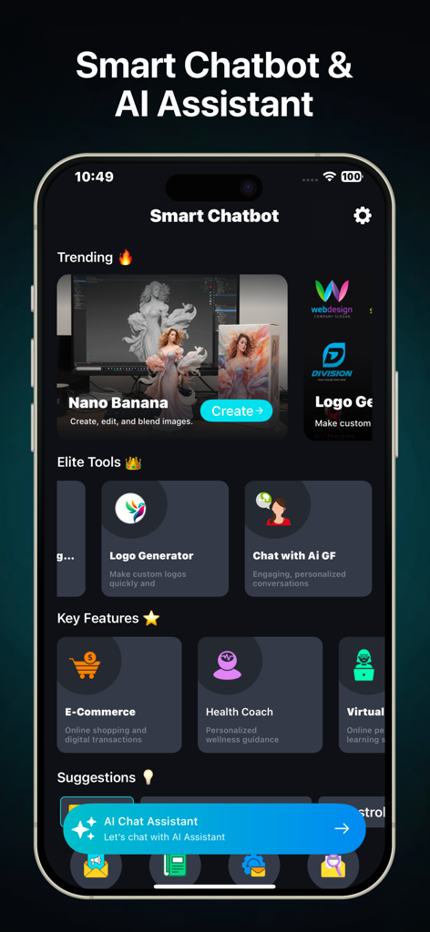 Smart Chatbot & AI Assistant - Home screen of the Smart Chatbot and AI Assistant app displaying a variety of AI tools including an image generator and logo maker