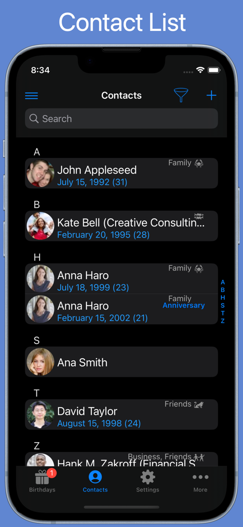 BirthdaysPro HD contact list with birthdays and zodiac signs on iPhone