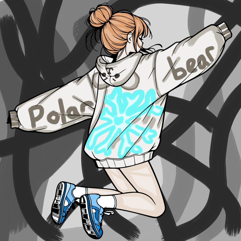 realistic girl jumping with a bun and oversized sweatshirt