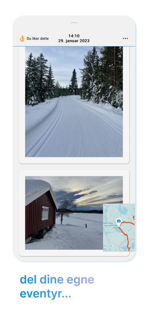 Preppa – Skiføre i Norge - Screenshot of Preppa app showing user photos of groomed ski trails and a mountain cabin in Norway with map location