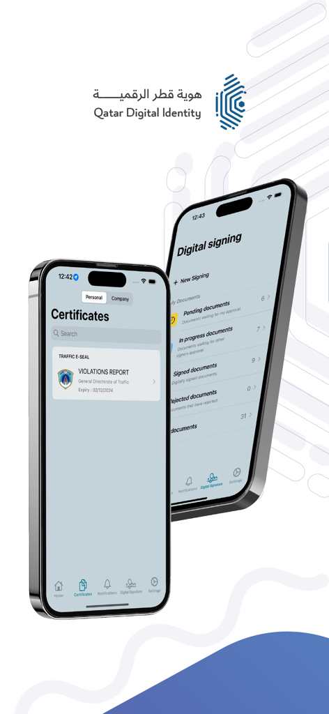 QDI - Mobile screens of the Qatar Digital Identity app showing the Certificates and Digital Signing features