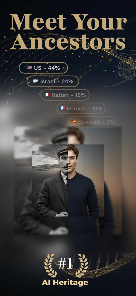 True Heritage & Ancestry DNA - 現代の男性とその祖先の顔の比較画像、DNAの国別内訳が表示されています