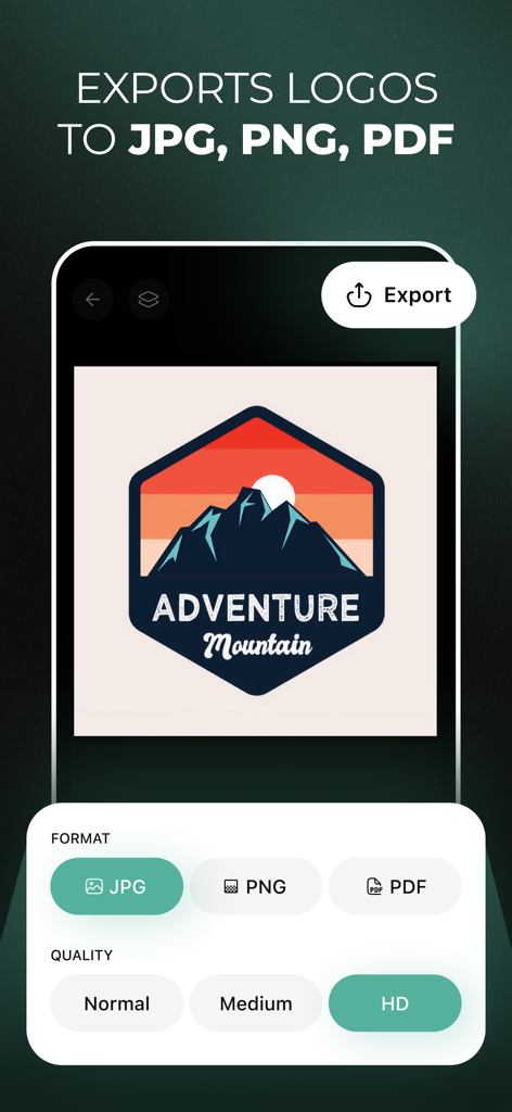 Interface of LookA AI app showing options to export a mountain logo in JPG PNG or PDF formats with HD quality selection