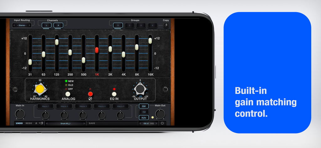 Interfaz móvil del ecualizador gráfico EQ560 mostrando el control de igualación de ganancia incorporado
