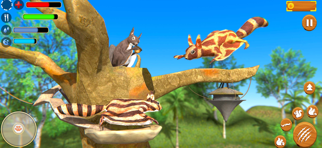Virtual Squirrel Family Sim 3D - Three squirrels on a tree branch in a virtual 3D animal simulation game