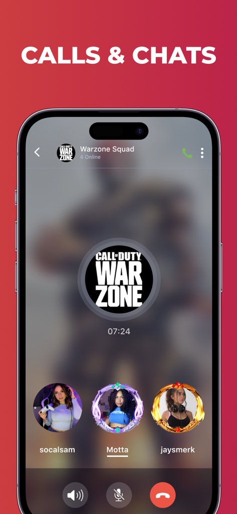 Interface of a group voice call on the Plink app for a Call of Duty Warzone gaming squad.