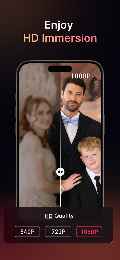 NetShort - Popular Dramas & TV - A phone screen demonstrating HD video quality comparison on NetShort with a 1080P resolution setting selected.