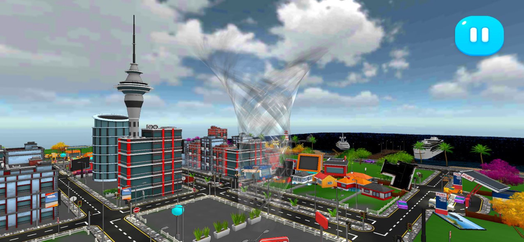 Tornado Rain and Thunder Sim - Um tornado girando por uma cidade costeira 3D no jogo Tornado Rain and Thunder Sim.
